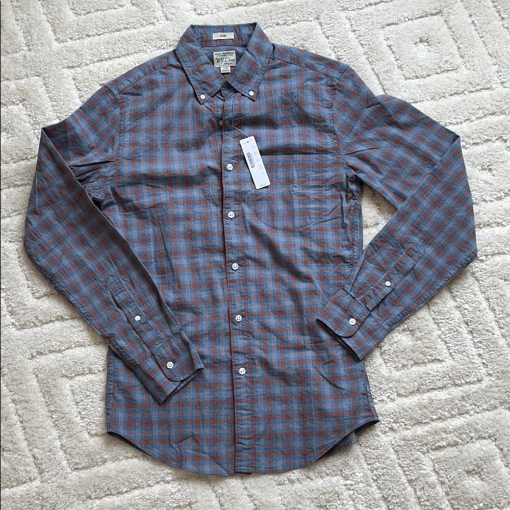 J Crew men’s shirt blue and rust color new w tags